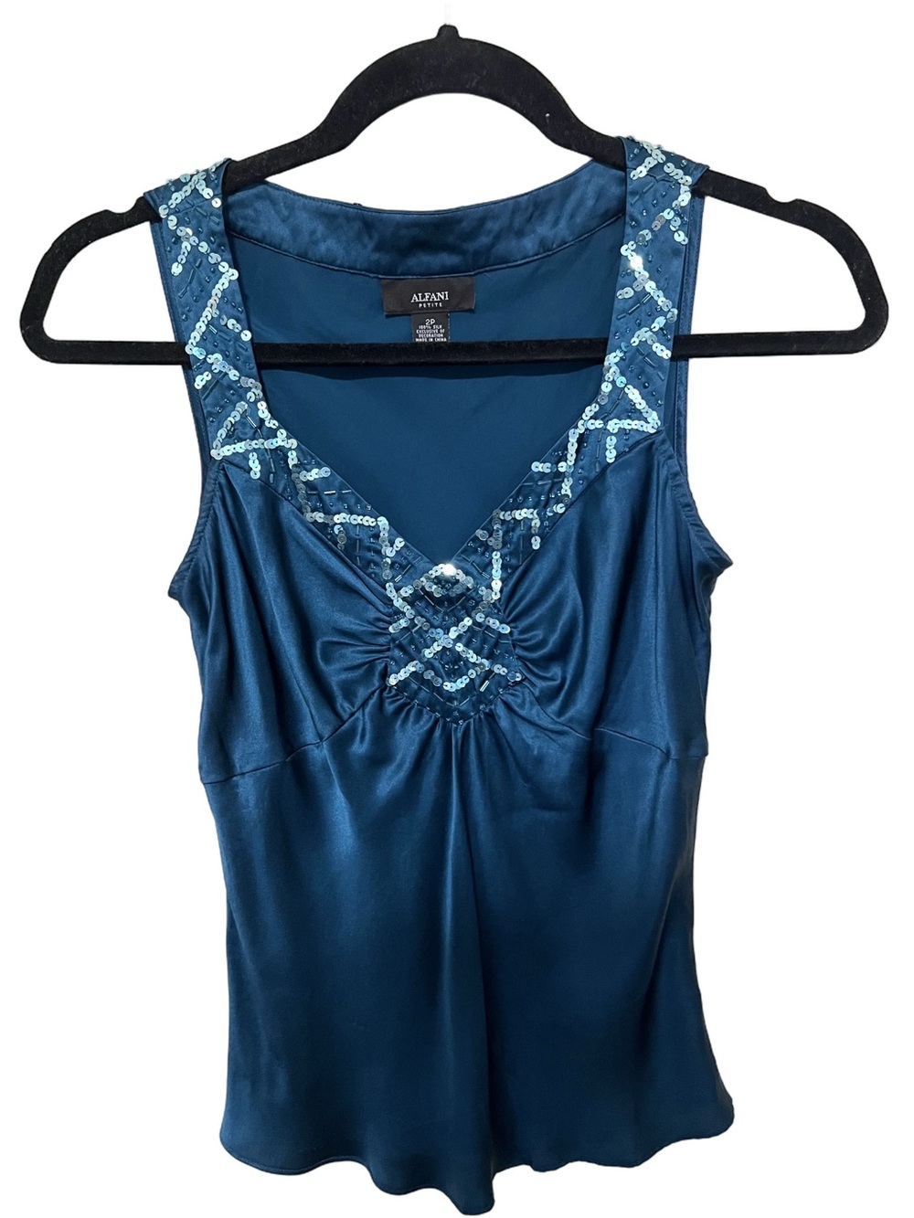 Y2K 2P Silk Sequin Empire Top Going Out Indie Sleaze Office Siren Teal Romantic - Picture 1 of 8